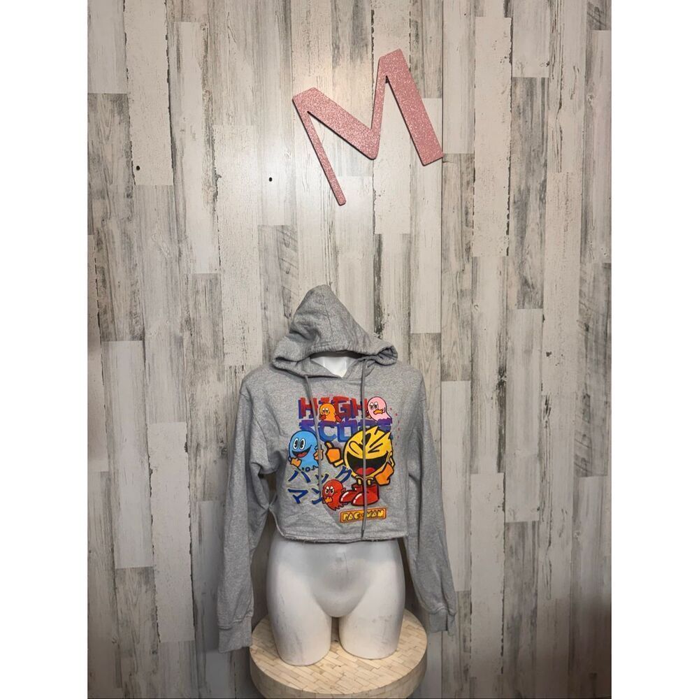 Pac-Man Cropped Hoodie | Gray Graphic Sweatshirt Gamer Retro Style – Size Medium